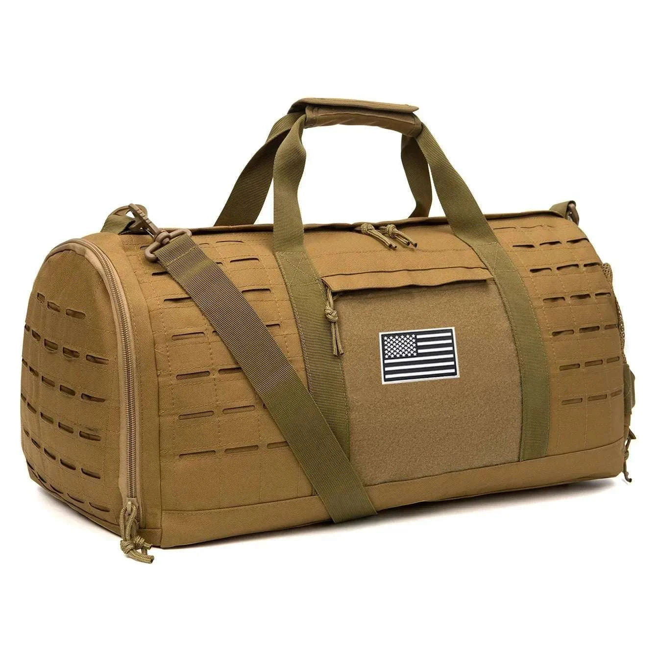 Black tactical sports fitness duffle bag with multiple compartments and MOLLE webbing