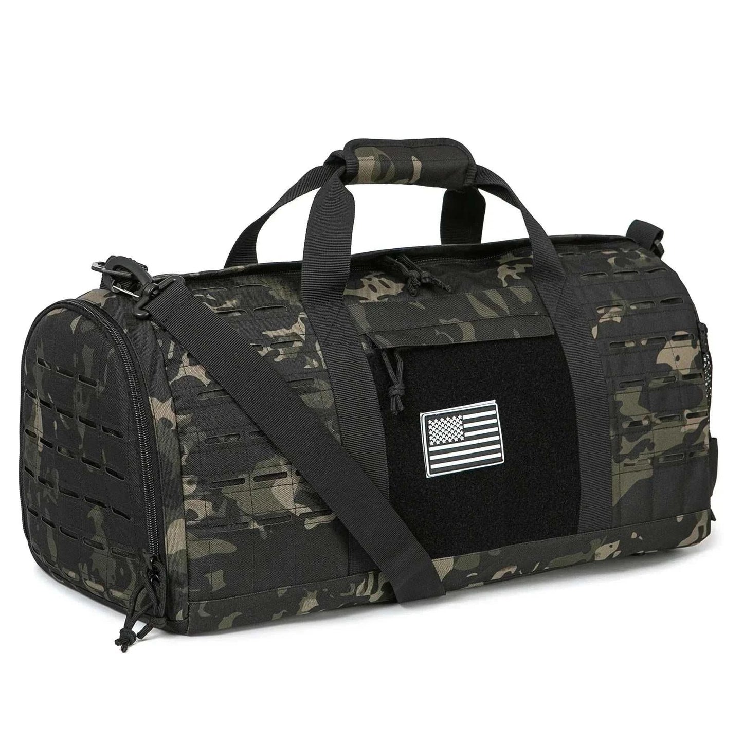 Black rugged Sports Fitness Duffle Bag with MOLLE webbing and US flag patch on a white background