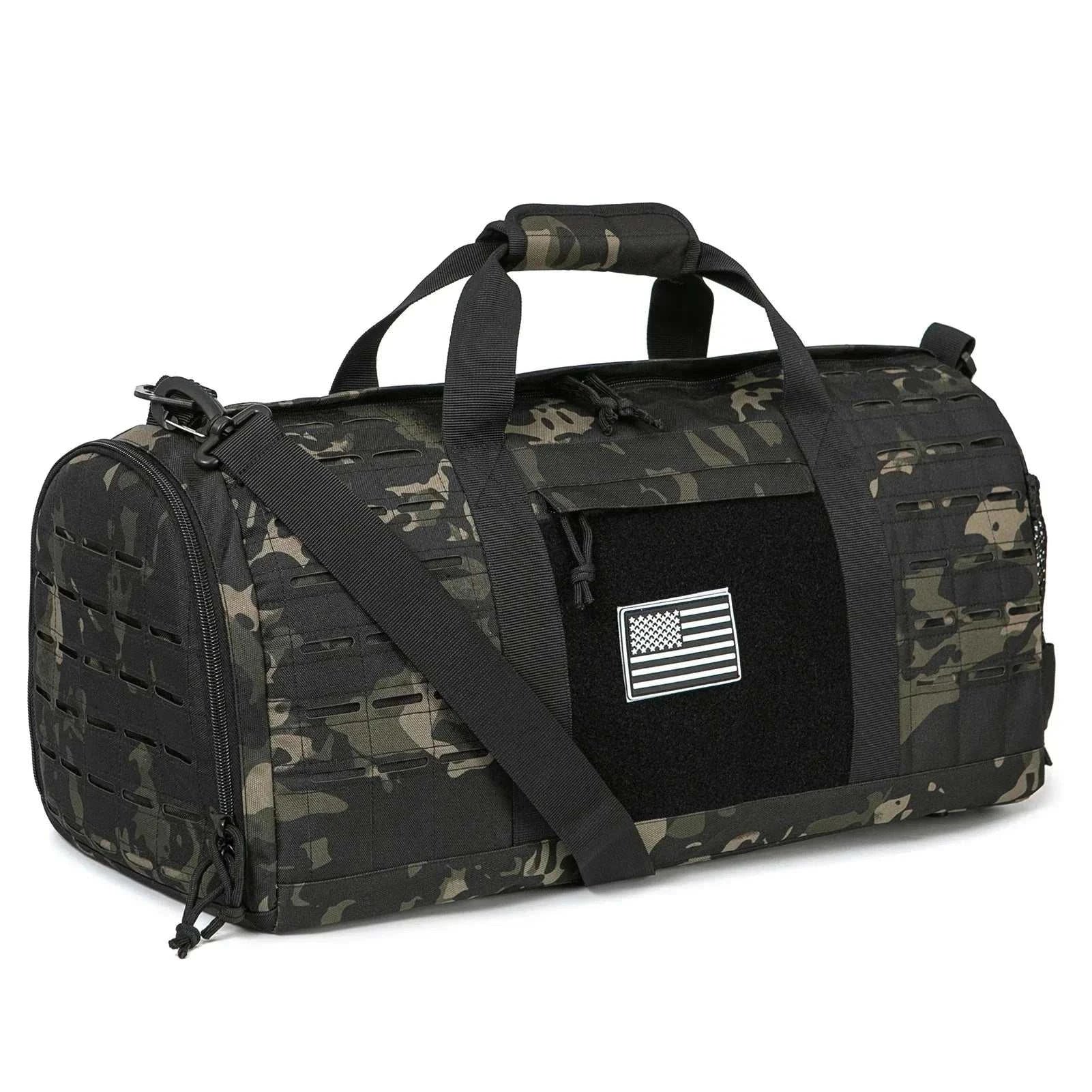 Black rugged Sports Fitness Duffle Bag with MOLLE webbing and US flag patch on a white background