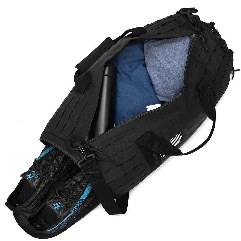 Black tactical Sports Fitness Duffle Bag with multiple compartments and detachable shoulder strap