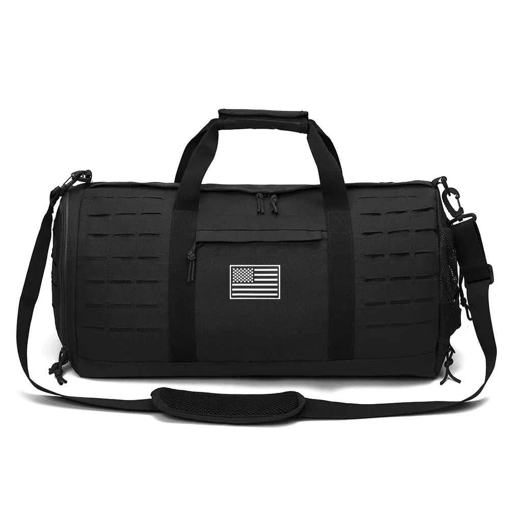 Black tactical sports fitness duffle bag with MOLLE webbing and multiple compartments for travel and workouts