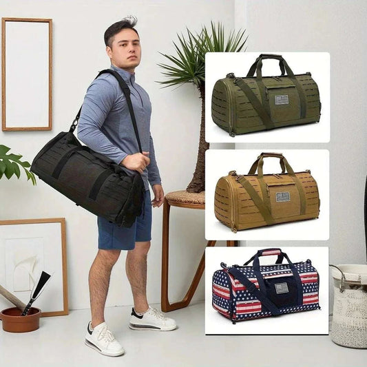 Black Sports Fitness Duffle Bag with MOLLE webbing and multiple compartments for travel and workouts