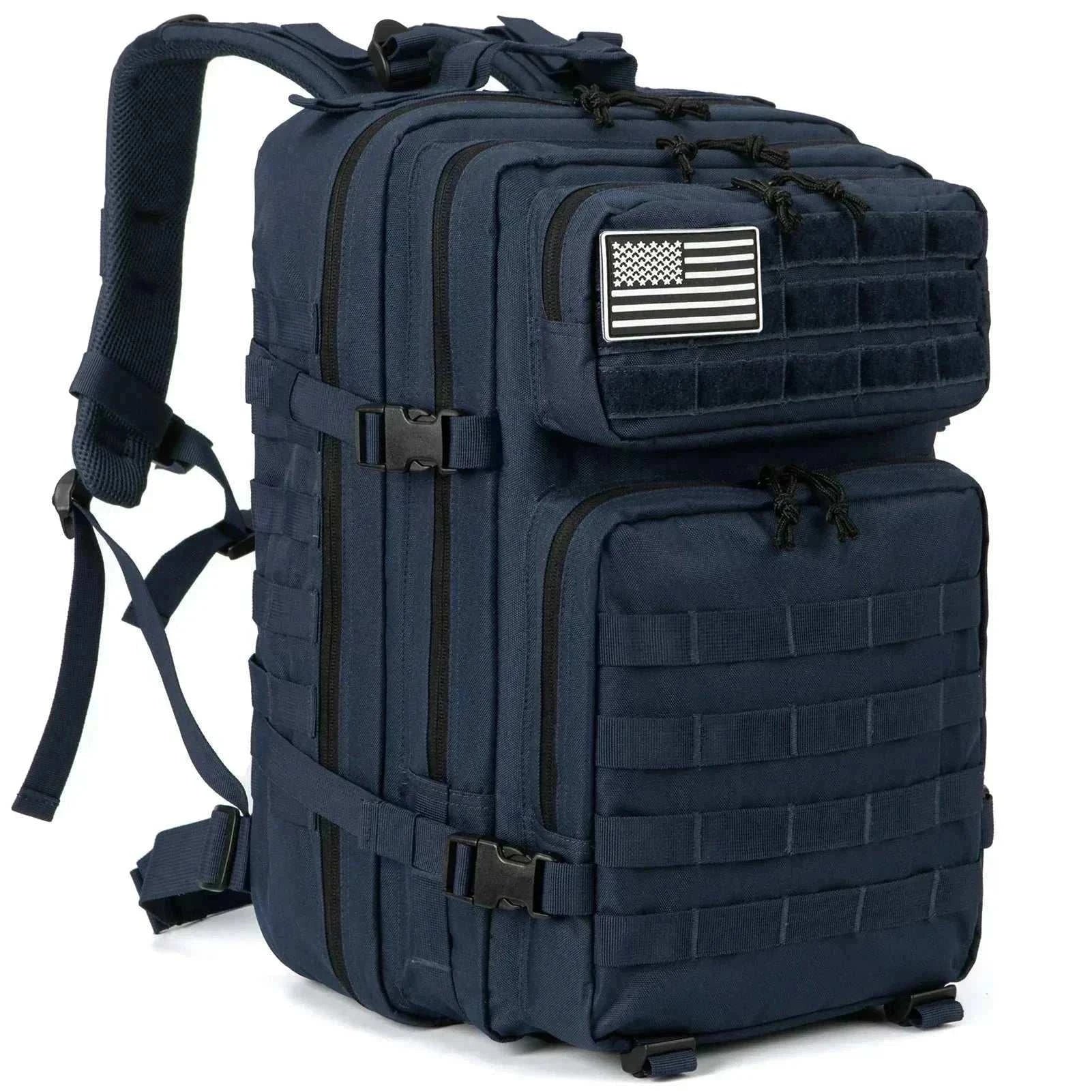 black tactical backpack with multiple compartments for outdoor hiking and camping