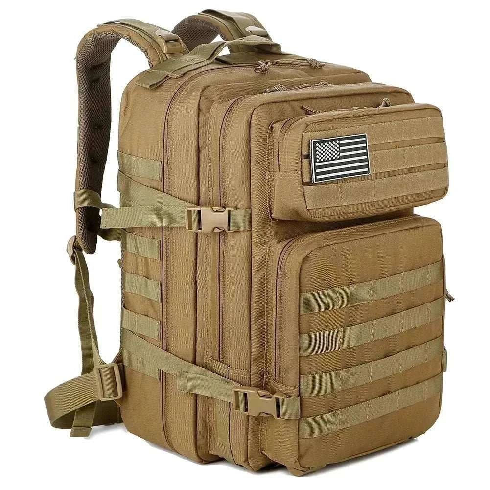 Tactical backpack outdoor rucksack in plaid pattern with multiple compartments and ergonomic design for hiking and trekking