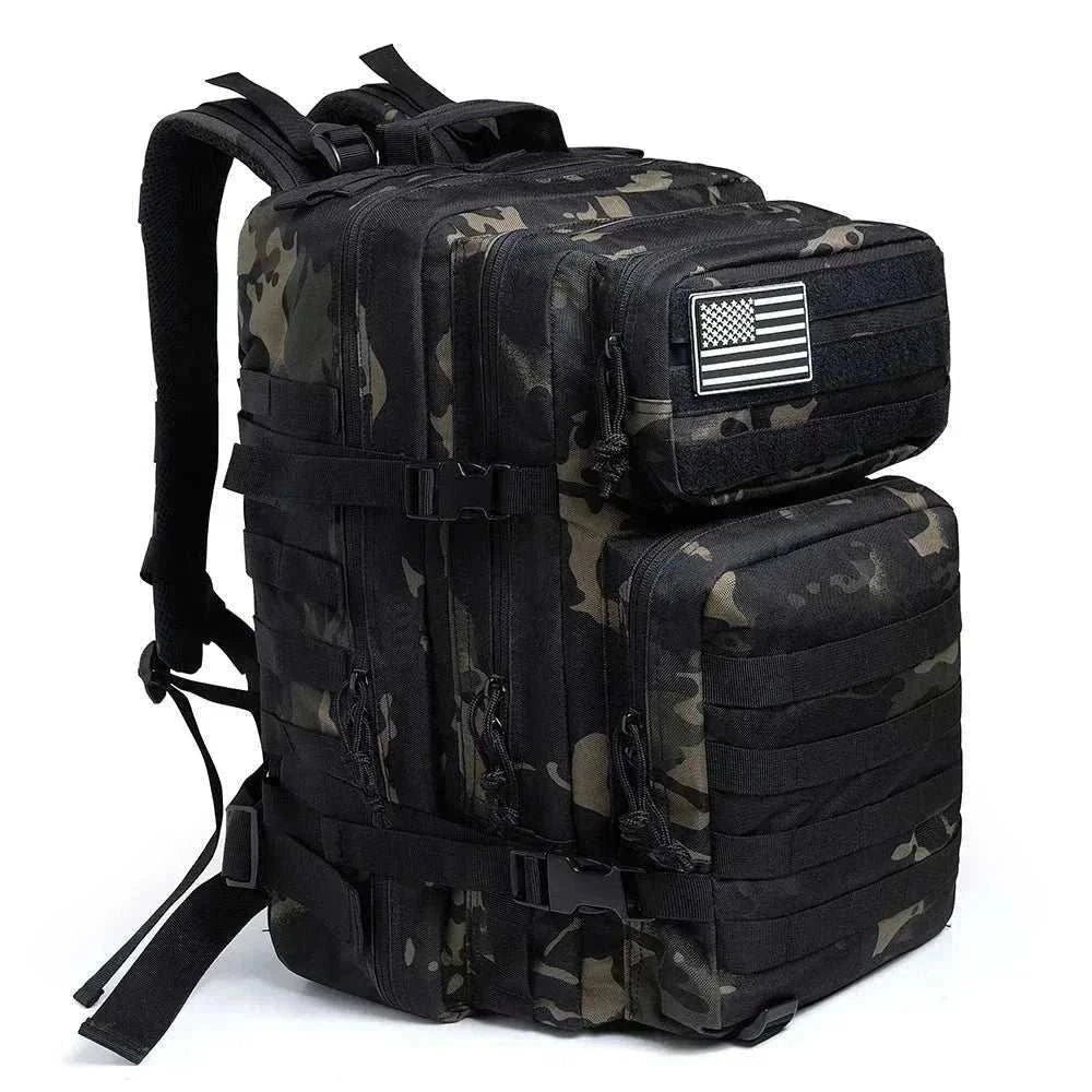 black tactical backpack for outdoor hiking with multiple compartments and padded straps
