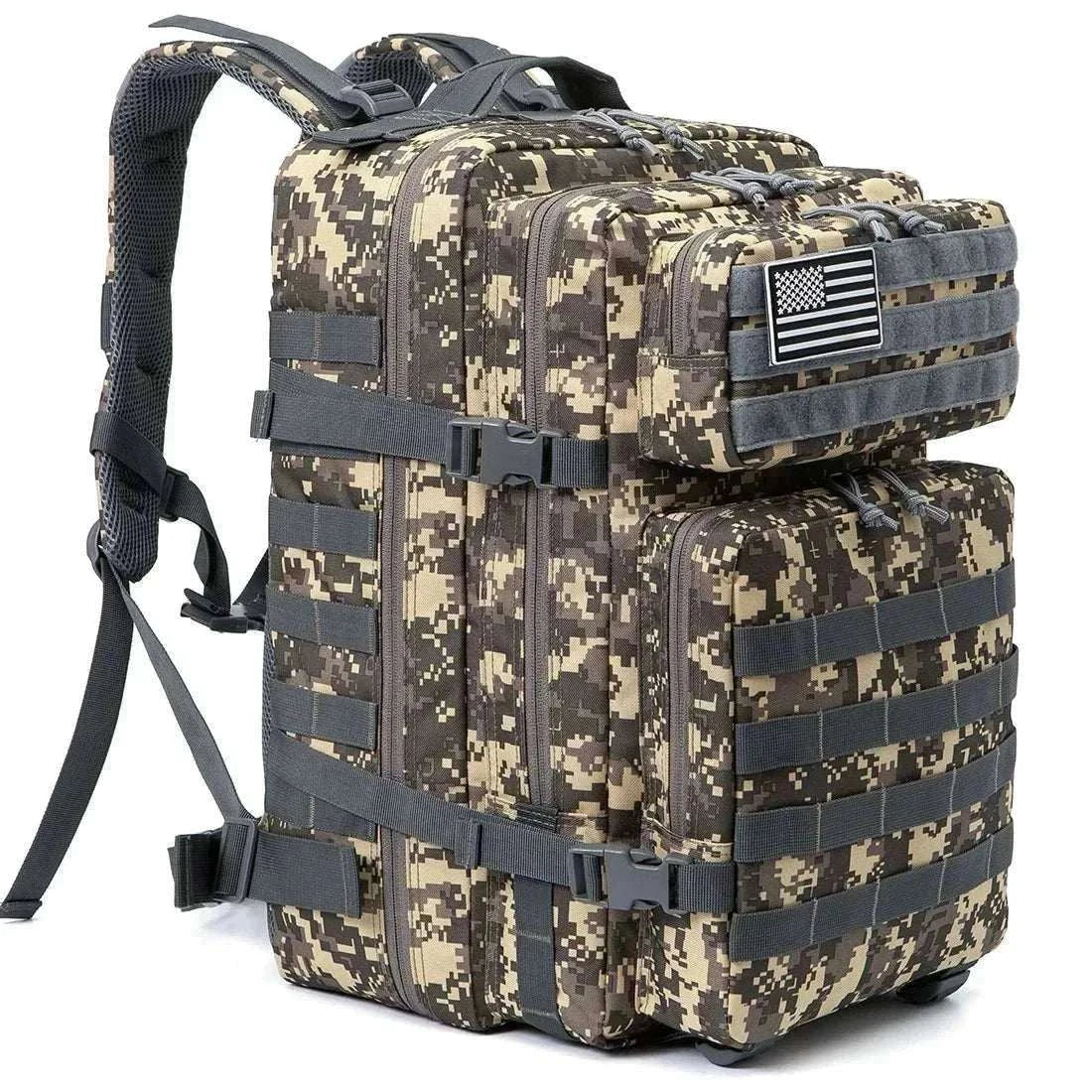 black tactical backpack outdoor rucksack with multiple compartments designed for hiking and adventure