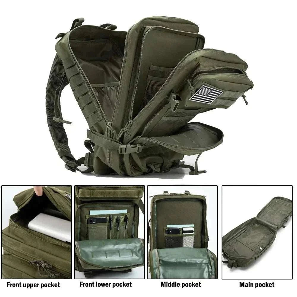Black tactical backpack outdoor rucksack with multiple compartments and adjustable straps for hiking