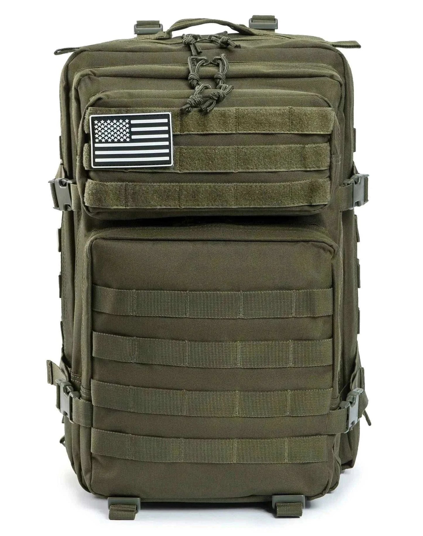 Black tactical backpack outdoor rucksack with multiple compartments and padded shoulder straps for hiking and camping