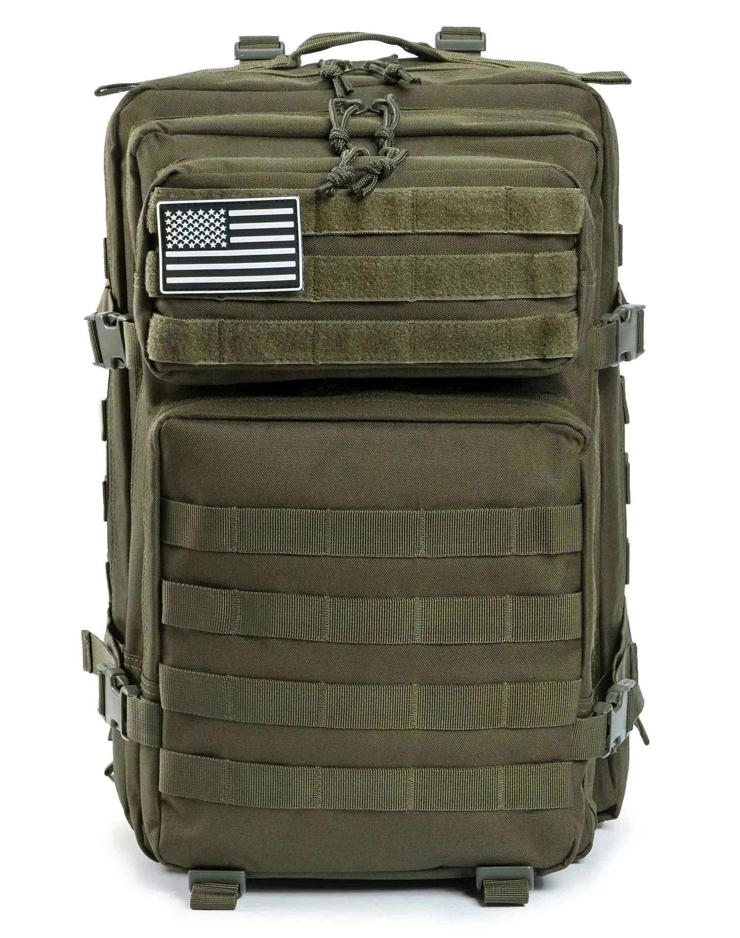 Black tactical backpack outdoor rucksack with multiple compartments and padded shoulder straps for hiking and camping