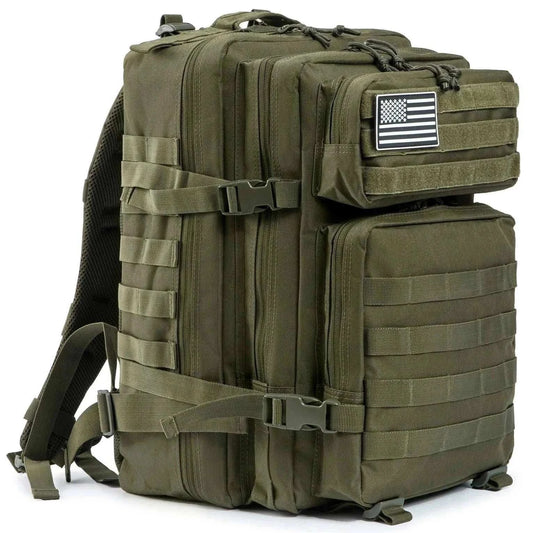 Tactical backpack outdoor rucksack with 45L capacity, durable design, and ergonomic features for hiking and adventure