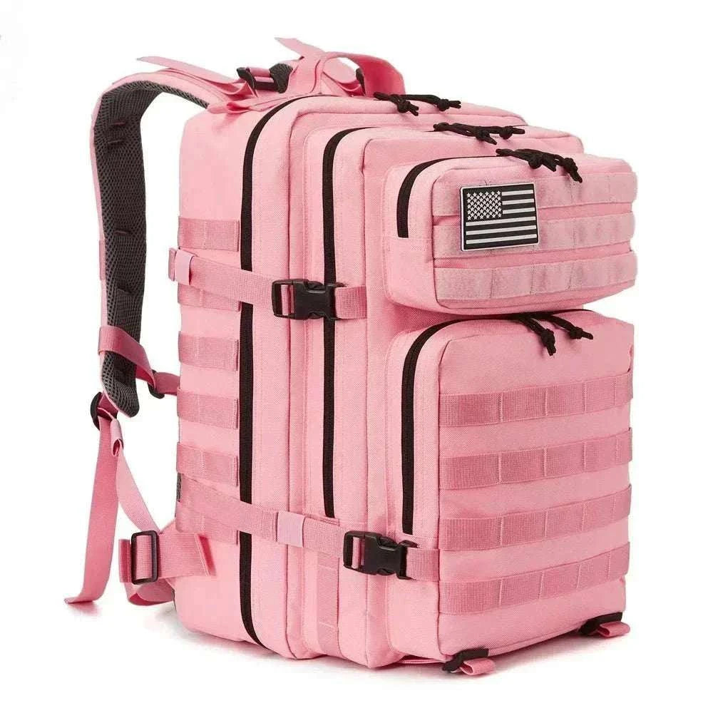 Black tactical backpack outdoor rucksack with multiple compartments and padded straps for hiking and adventure