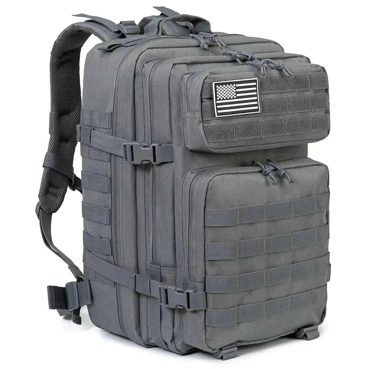 black tactical backpack with multiple compartments for outdoor hiking and tactical use