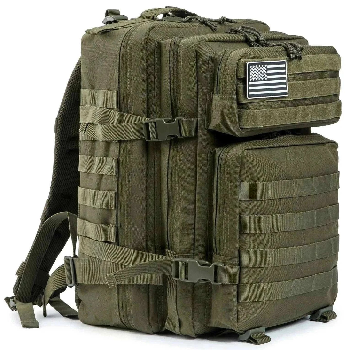 Black tactical backpack outdoor rucksack with multiple compartments and padded straps for hiking and adventure
