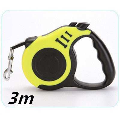 Retractable dog leash with one-hand brake, available in multiple colors, for dogs up to 15kg, showing handle and leash extended