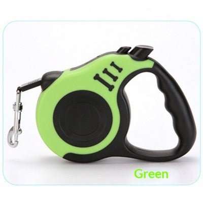 Retractable dog leash with one-hand brake, 3m and 5m options, multiple colors, eco-friendly handle, durable nylon, and metal buckle