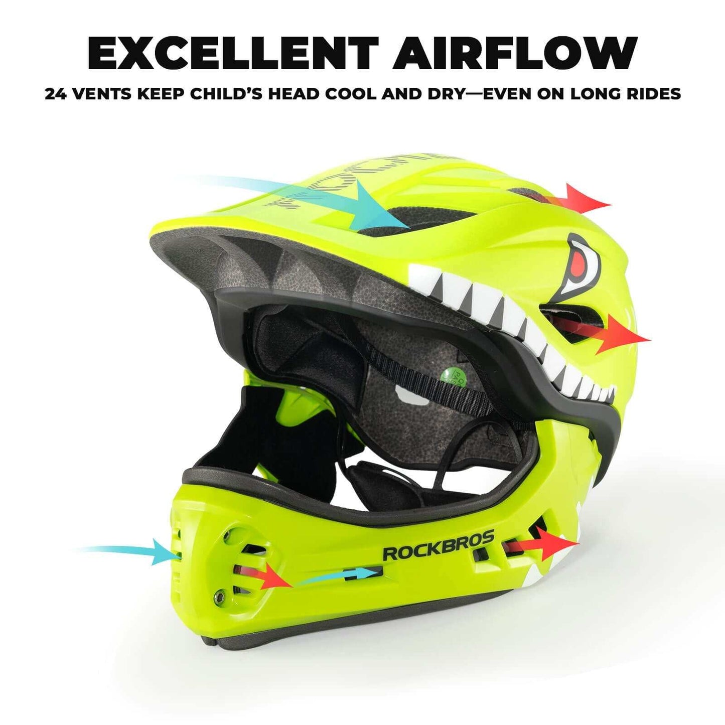 ROCKBROS Kids Detachable Full Face Helmet in black, showing 2-in-1 bike and skate safety design