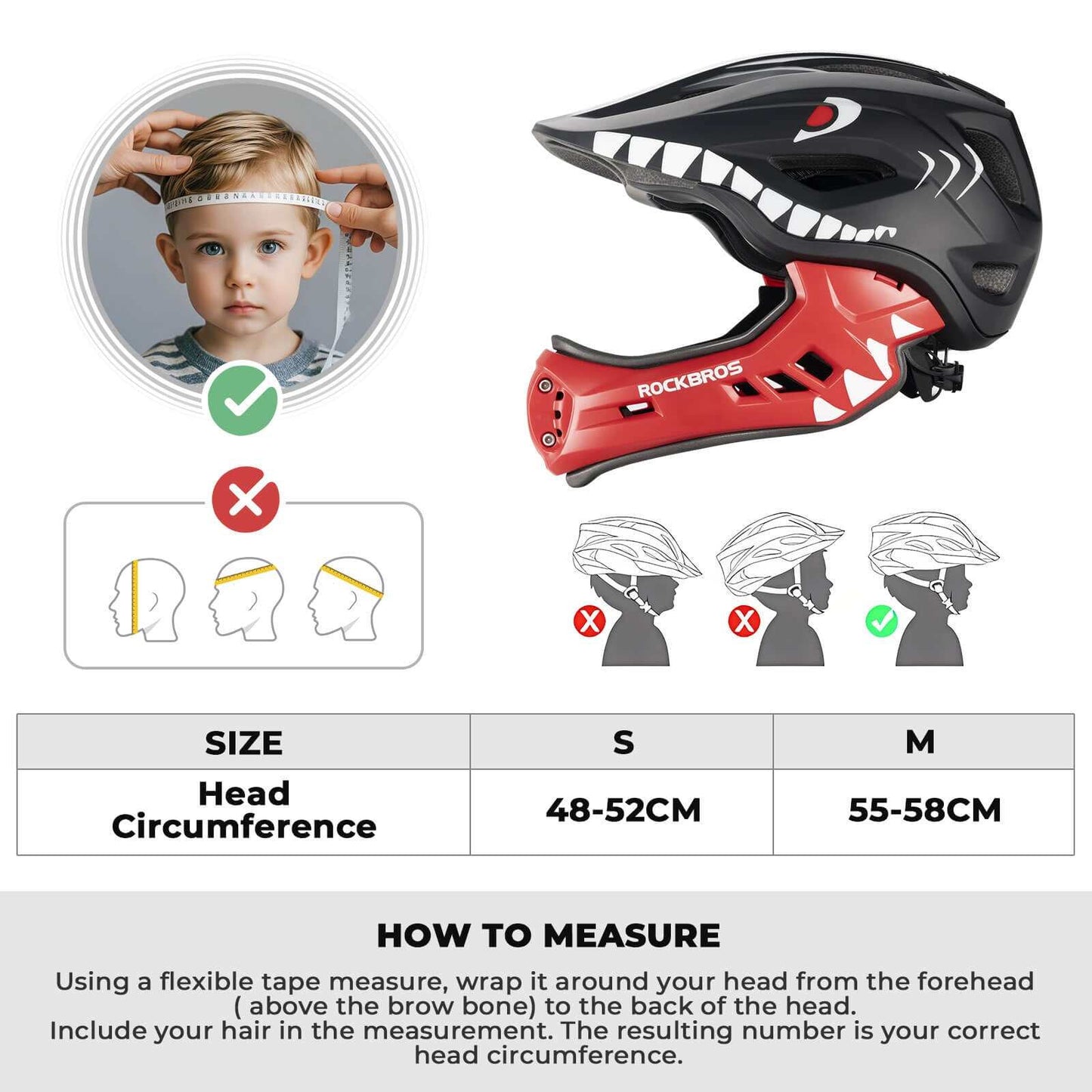 ROCKBROS Kids Detachable Full Face Helmet in black for biking and skating safety, showing full-face and half-helmet modes