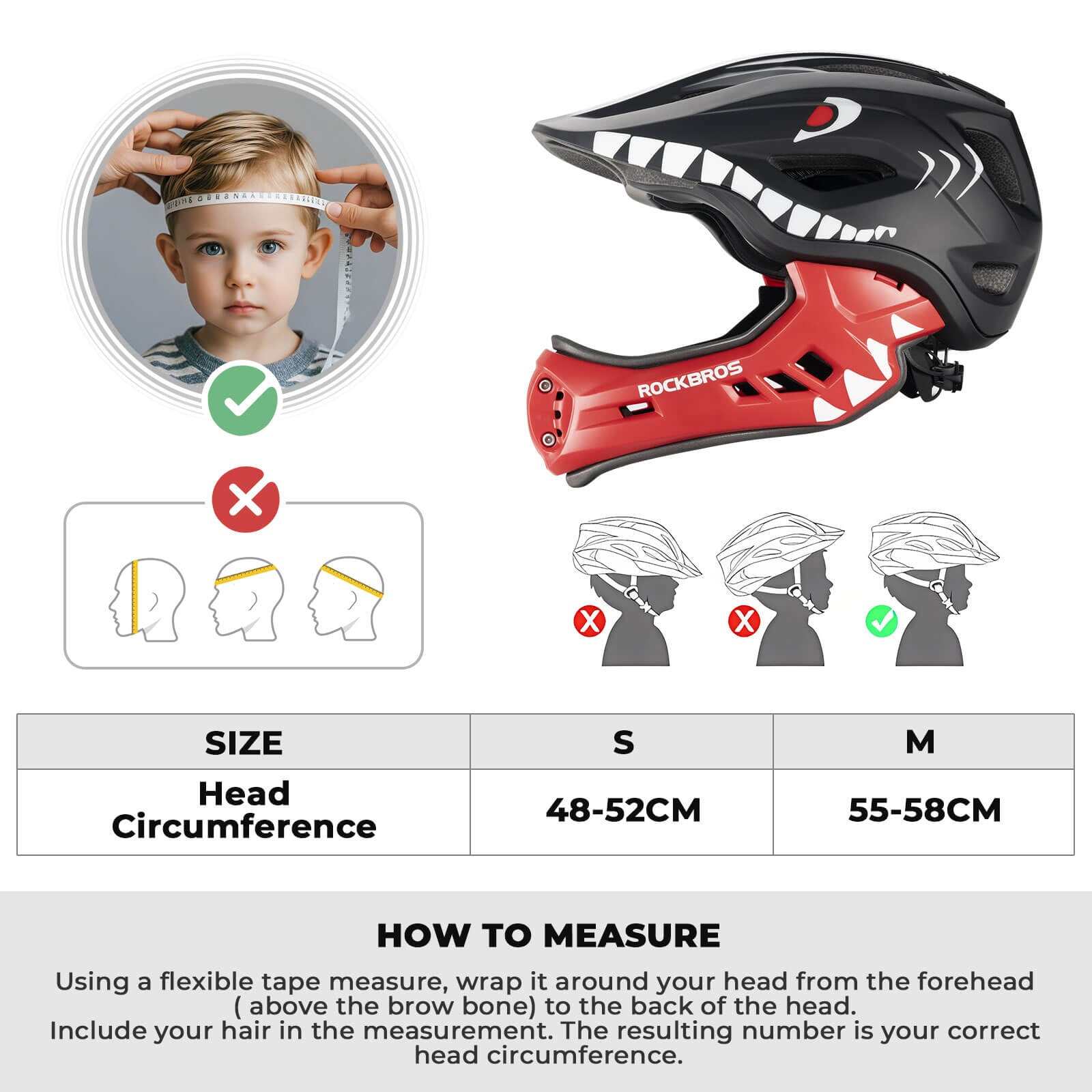 ROCKBROS Kids Detachable Full Face Helmet in black for biking and skating safety, showing full-face and half-helmet modes