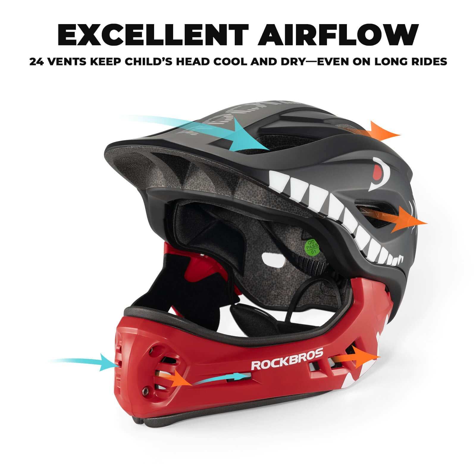 ROCKBROS Kids Detachable Full Face Helmet in black shown in full-face mode for biking and skating safety