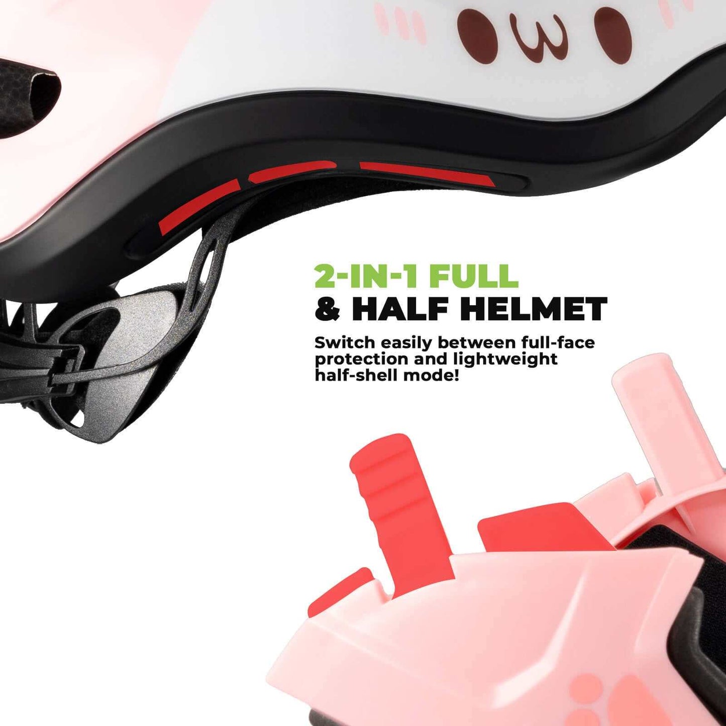 ROCKBROS Kids Detachable Full Face Helmet in black, showing 2-in-1 bike and skate safety design with adjustable vents and lightweight construction.