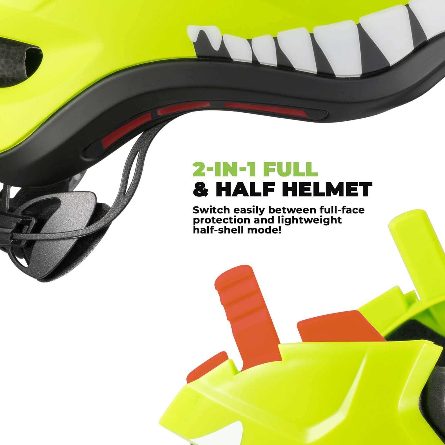 ROCKBROS Kids Detachable Full Face Helmet in black, showing 2-in-1 bike and skate safety design