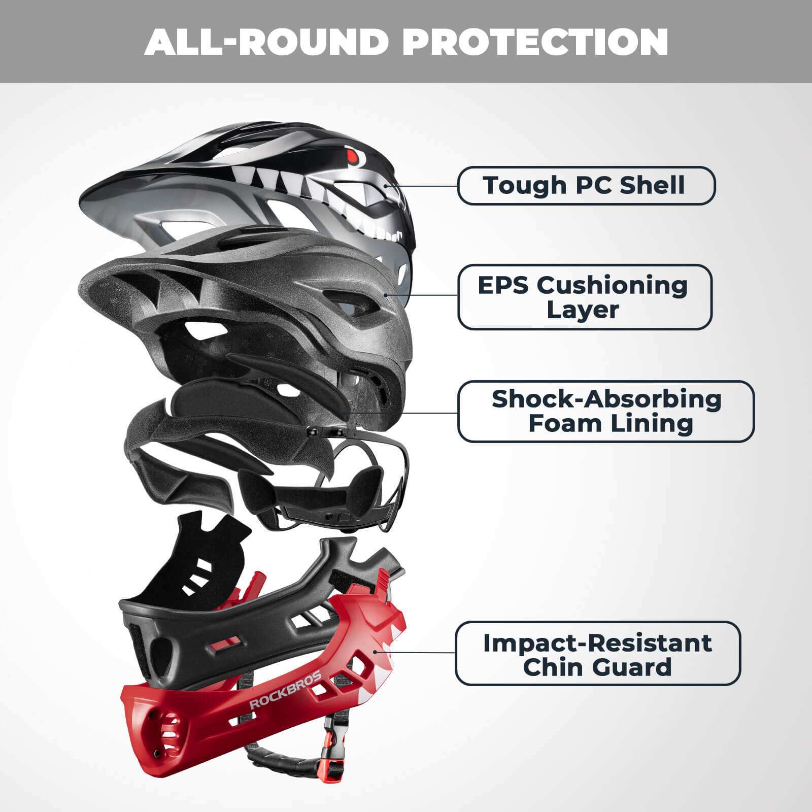 ROCKBROS Kids Detachable Full Face Helmet in black, shown in full-face and half-helmet modes for biking and skating safety