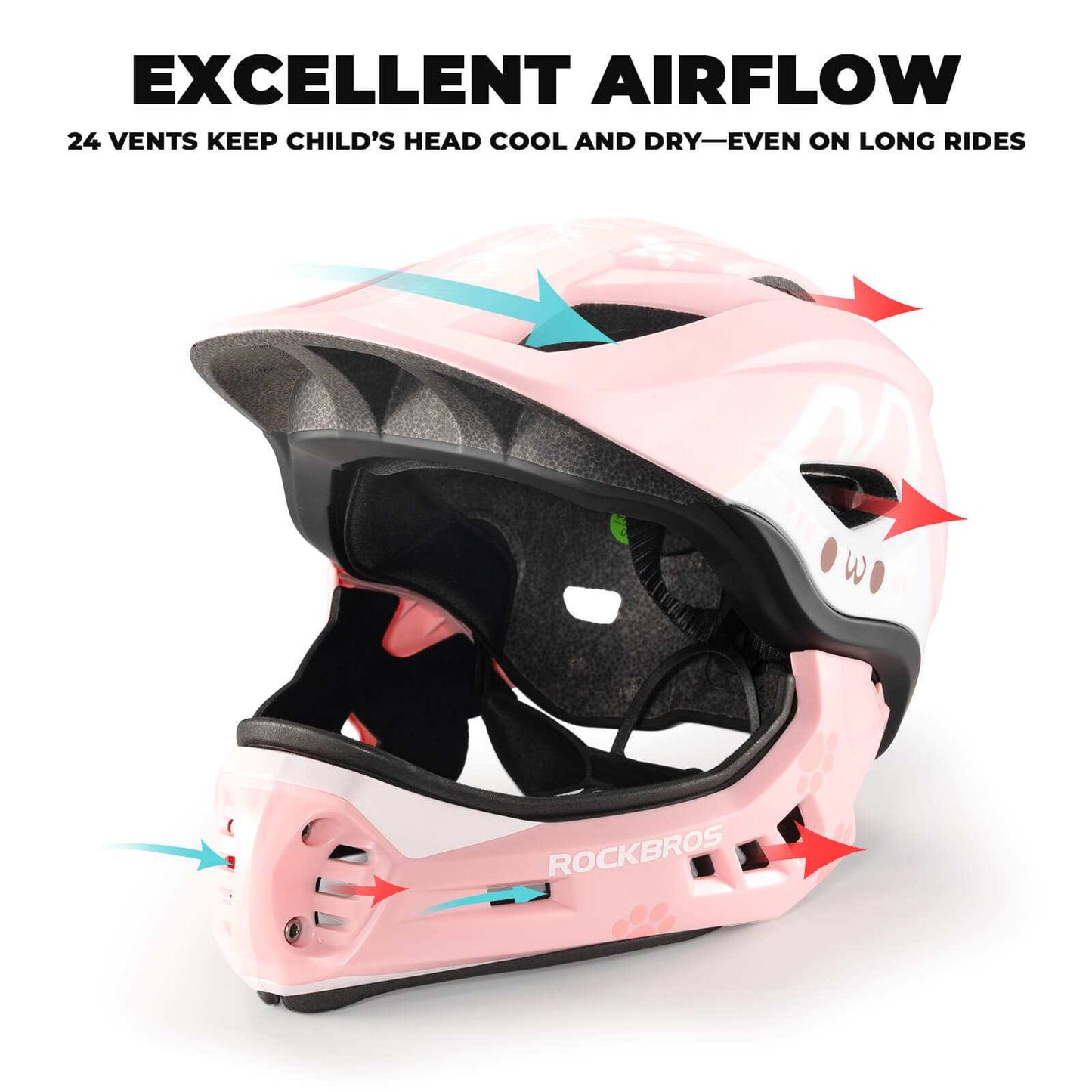 ROCKBROS Kids Detachable Full Face Helmet in black shown in full-face and half-helmet modes for bike and skate safety