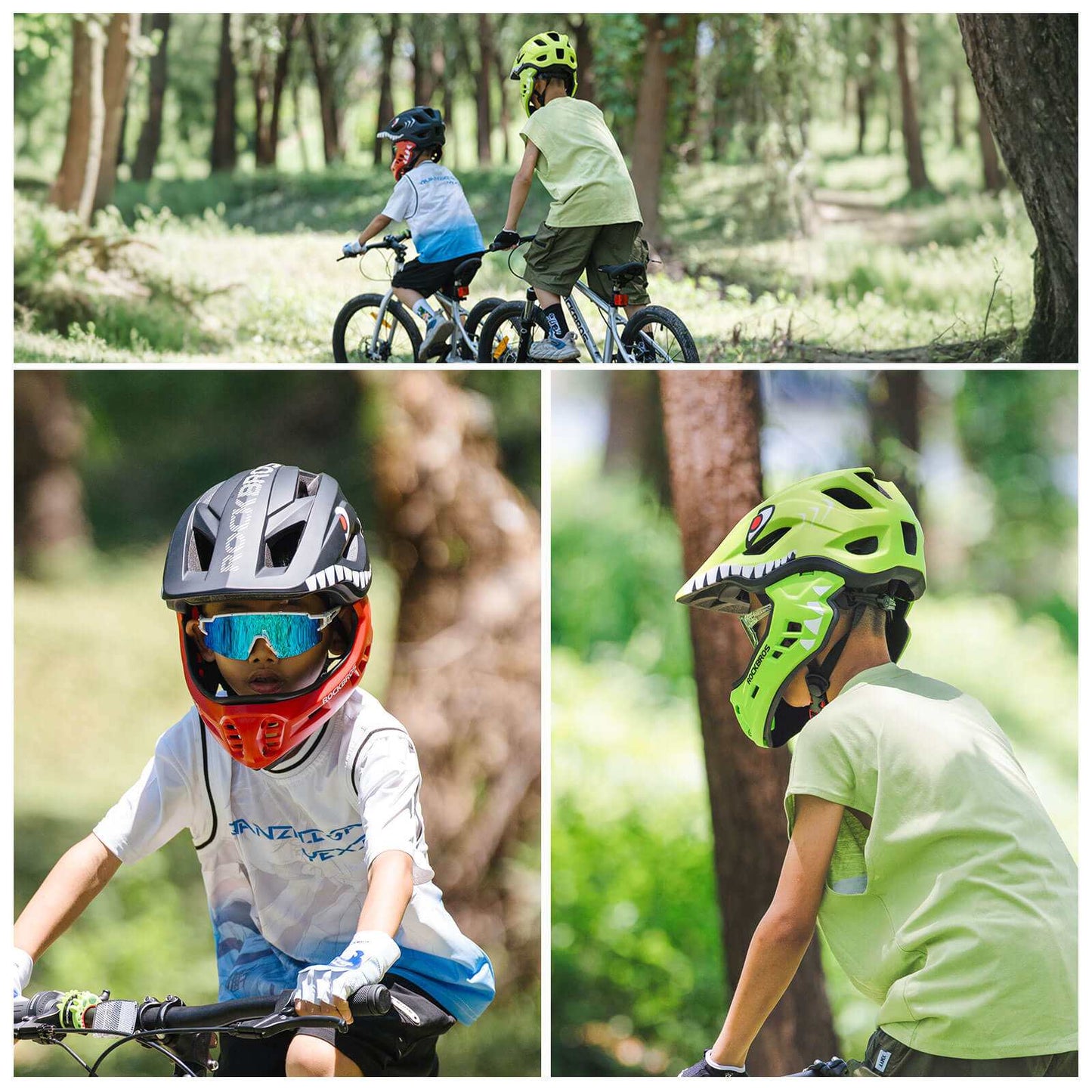 ROCKBROS Kids Detachable Full Face Helmet in black, shown in full-face and half-helmet modes for biking and skating safety