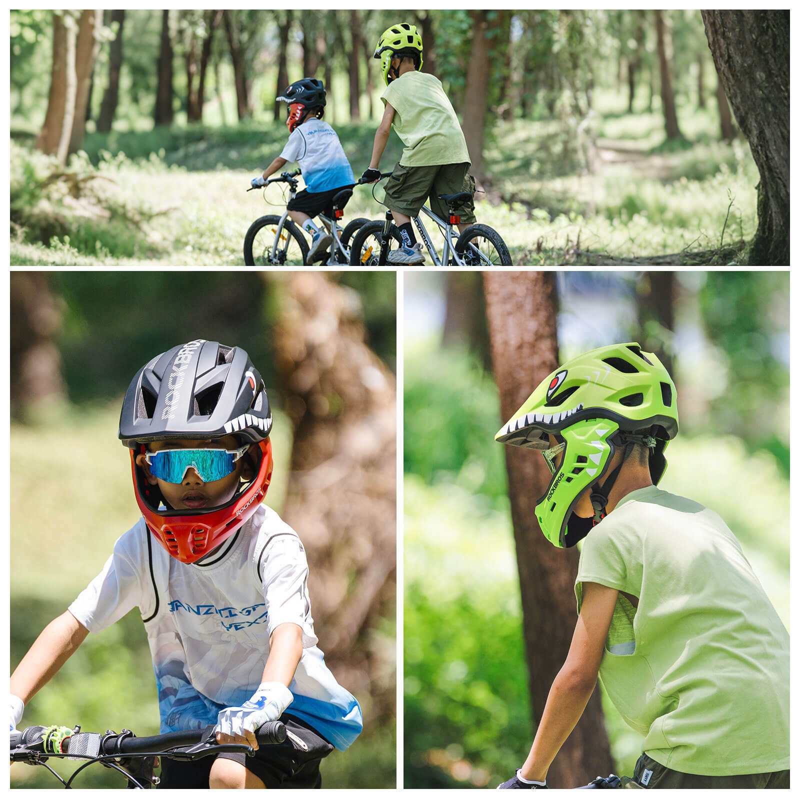 ROCKBROS Kids Detachable Full Face Helmet in black, shown in full-face and half-helmet modes for biking and skating safety