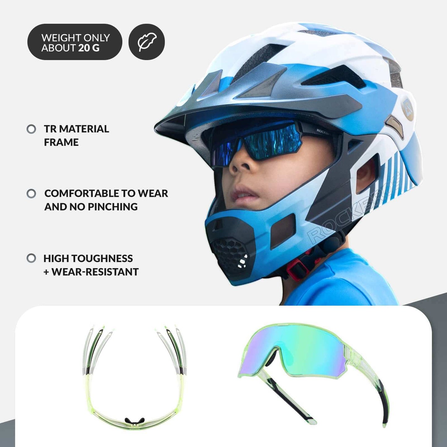 ROCKBROS kids polarized cycling sunglasses with UV400 protection, lightweight TR90 frame for ages 8-14 in multiple colors