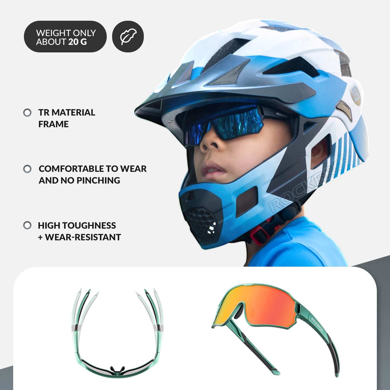 ROCKBROS Kids Polarized Sunglasses with UV400 protection for active children aged 8-14, lightweight and durable design for outdoor sports