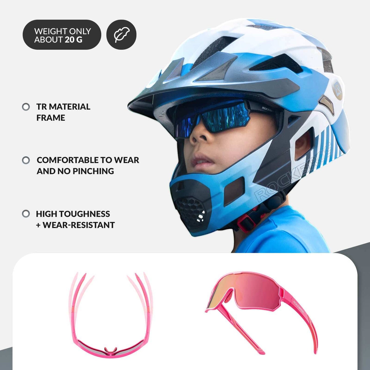 ROCKBROS Kids Polarized Sunglasses with UV400 protection, lightweight and durable for ages 8-14, designed for outdoor sports and cycling.