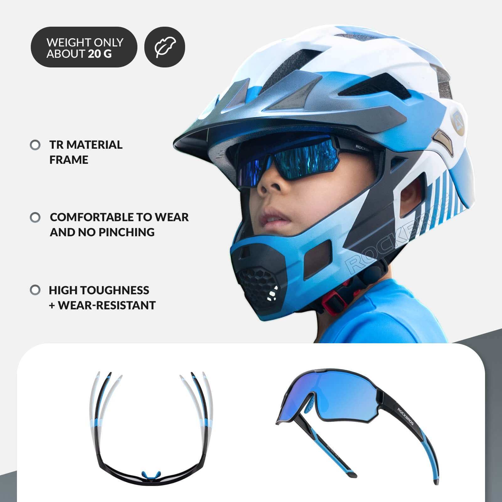ROCKBROS kids polarized sunglasses with UV400 protection, lightweight TR90 frame for ages 8-14