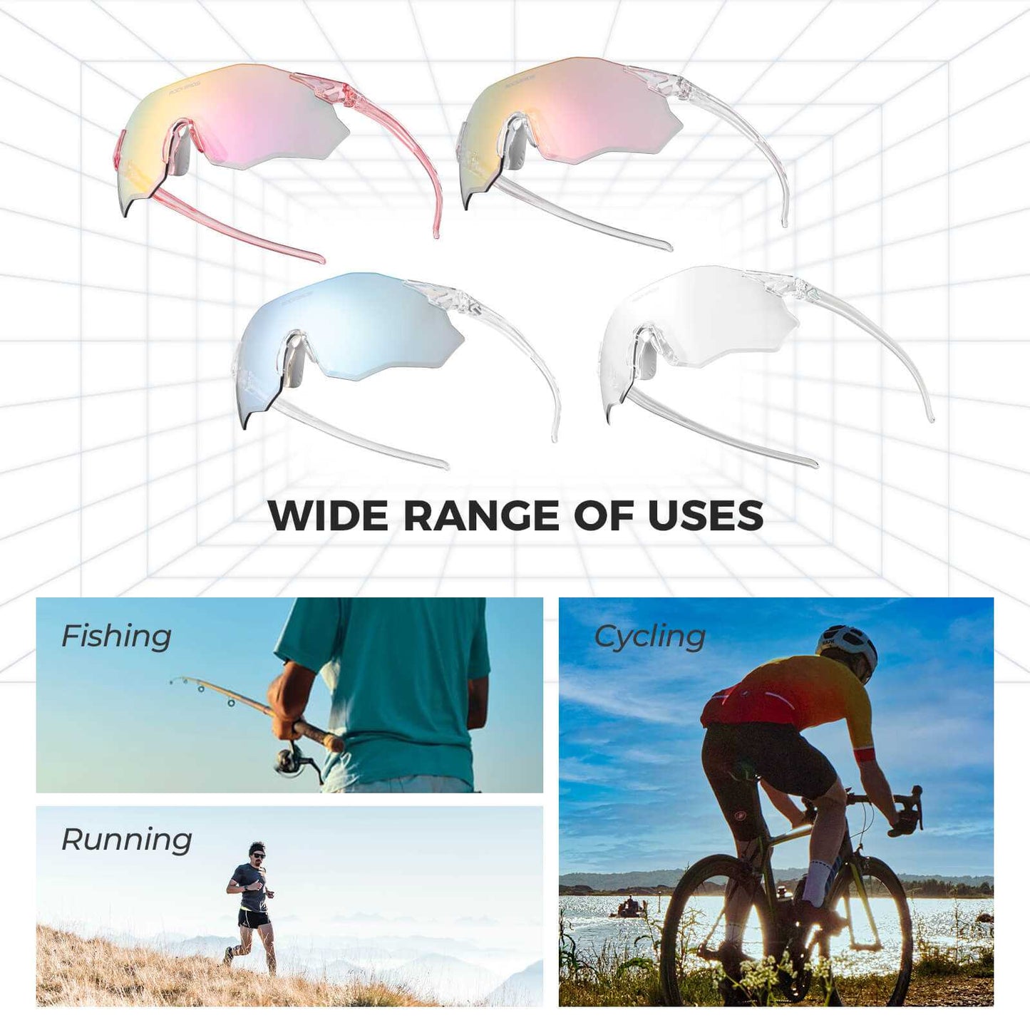 ROCKBROS rimless photochromic cycling glasses with UV400 protection and lightweight design