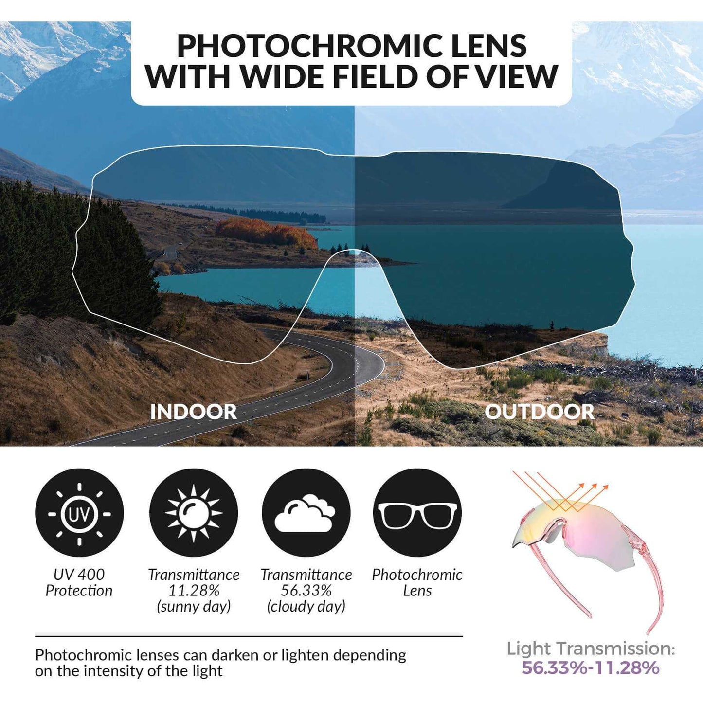 ROCKBROS Rimless Photochromic Cycling Glasses with UV400 protection and lightweight auto-tinting lenses