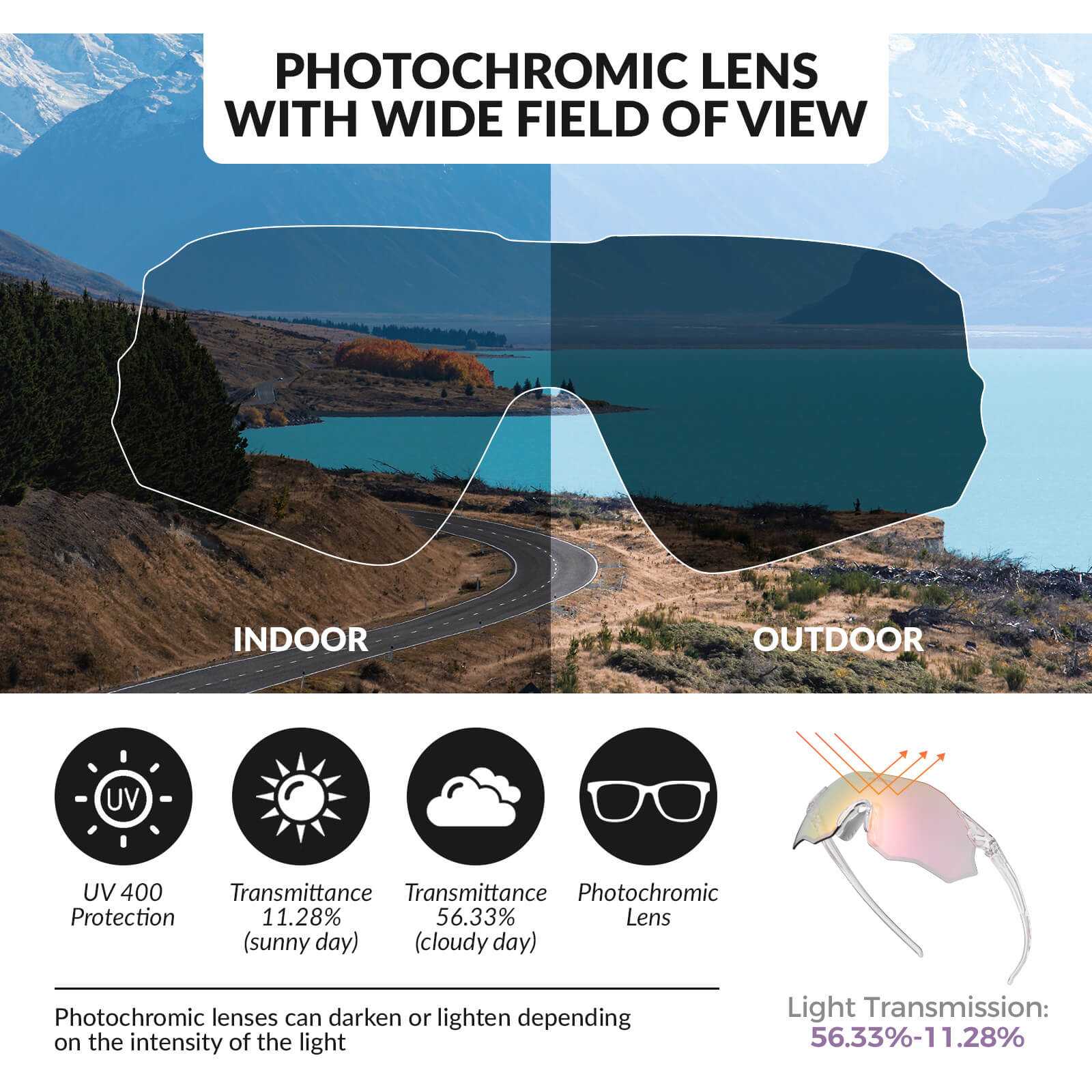 ROCKBROS Rimless Photochromic Cycling Glasses with UV400 protection and lightweight design
