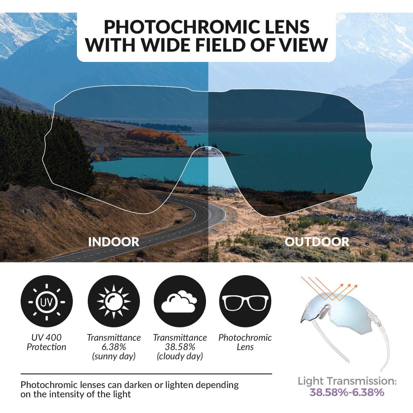 ROCKBROS rimless photochromic cycling glasses with UV400 protection and lightweight auto-tinting lenses