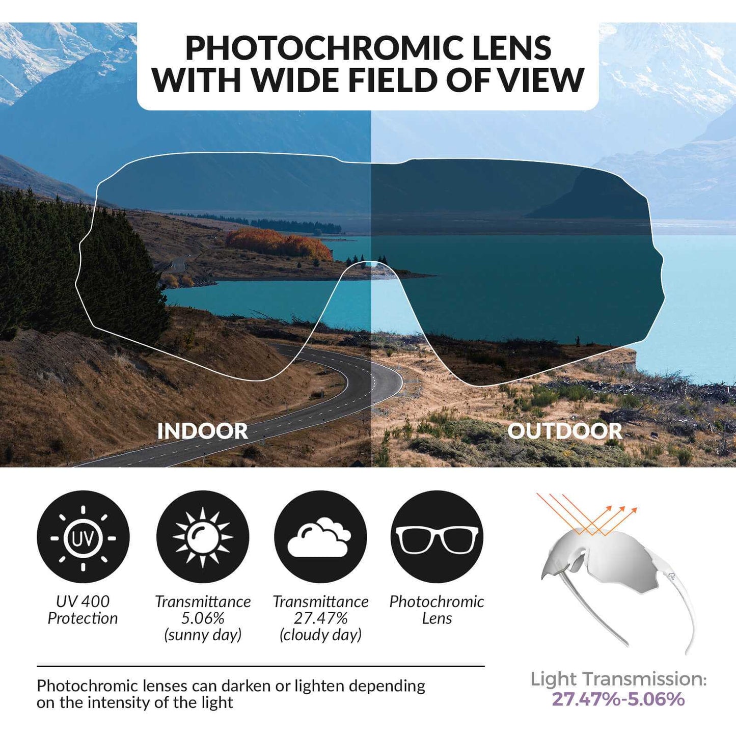 ROCKBROS Rimless Photochromic Cycling Glasses with UV400 protection and lightweight design for outdoor sports