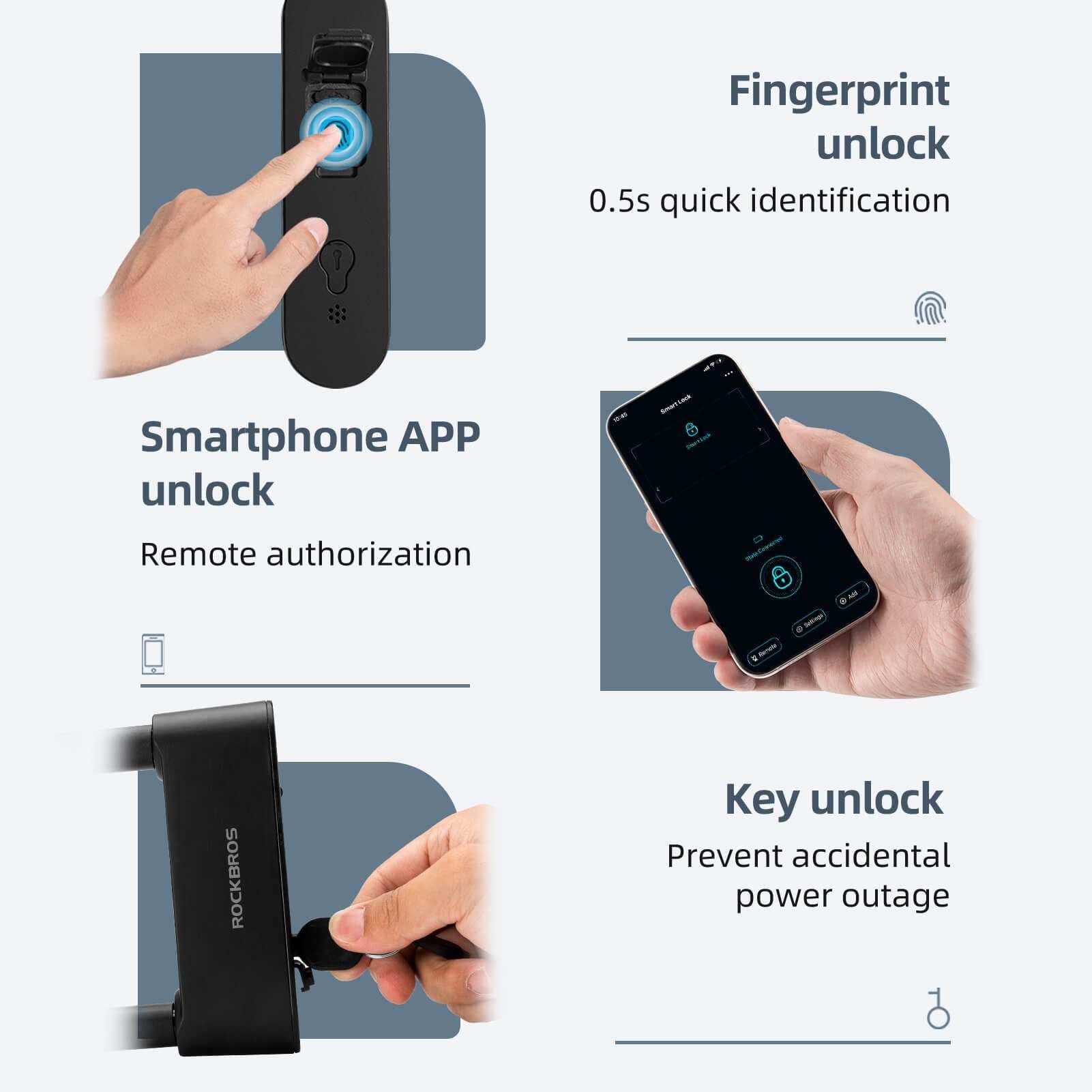ROCKBROS Smart Bluetooth Fingerprint U Lock with keyless biometric security and hardened steel design