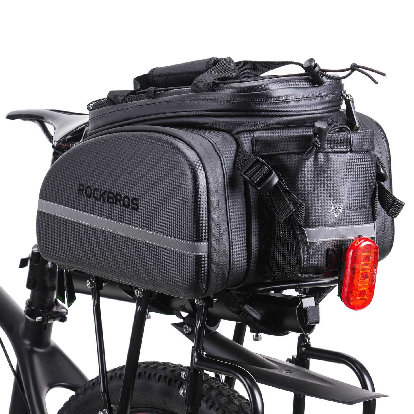 ROCKBROS Waterproof Rear Rack Bag on bike rack showing expandable storage and shoulder straps