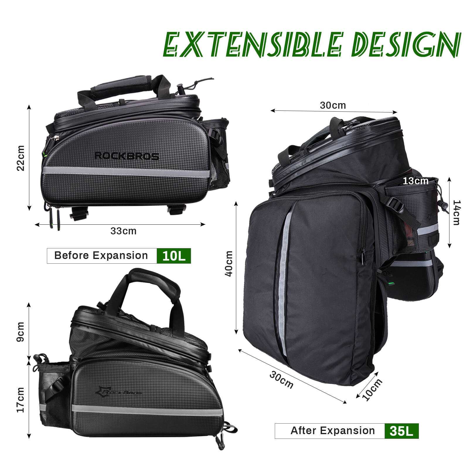 ROCKBROS Waterproof Rear Rack Bag mounted on bike, expandable 17L-35L capacity, black durable material with reflective accents