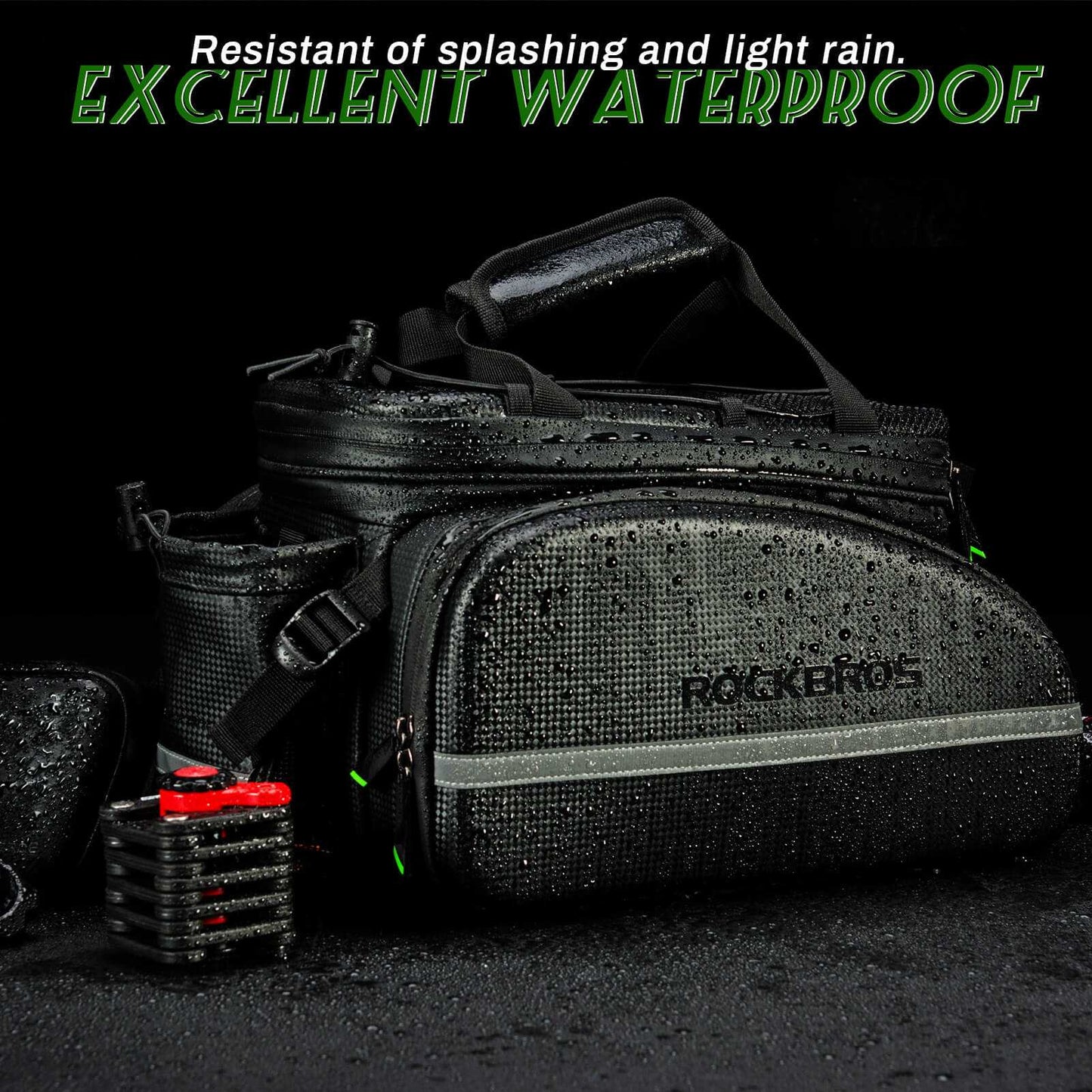 ROCKBROS Waterproof Rear Rack Bag expandable bike trunk with reflective accents and detachable straps