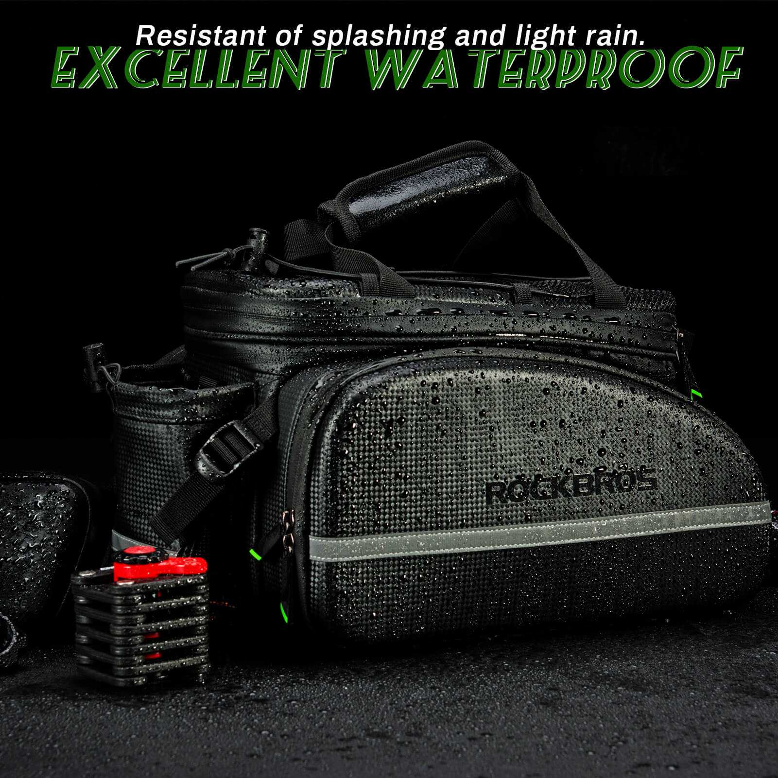 ROCKBROS Waterproof Rear Rack Bag expandable bike trunk with reflective accents and detachable straps