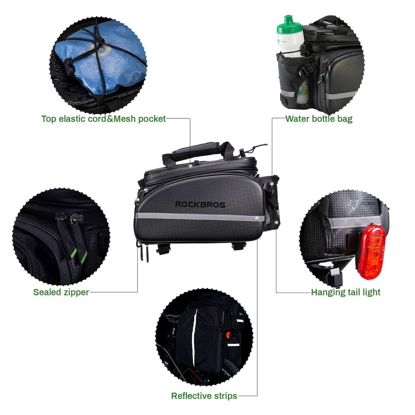 ROCKBROS Waterproof Rear Rack Bag mounted on bike, expandable 17L-35L capacity, durable waterproof design with reflective accents and detachable shoulder straps