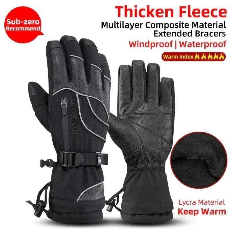 Waterproof thermal winter gloves with fleece lining designed for warmth and weather protection in snow sports.