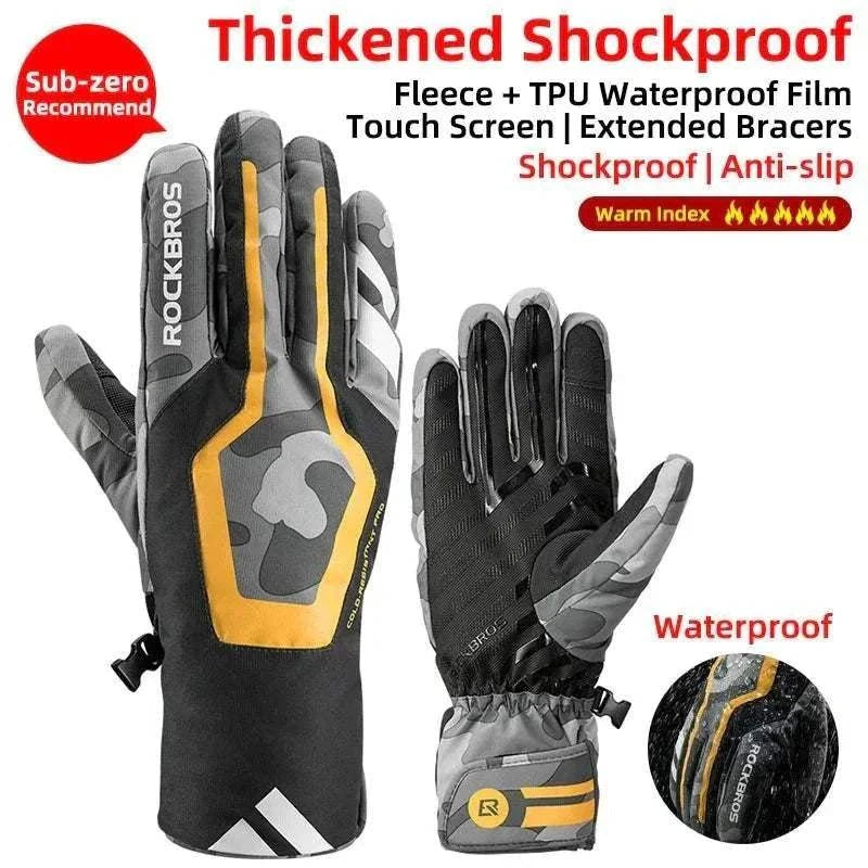 Waterproof thermal winter gloves with fleece lining for men and women in snowy outdoor setting