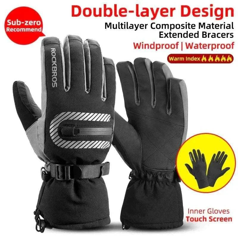 Pair of waterproof thermal winter gloves with fleece lining for cold weather protection and outdoor sports