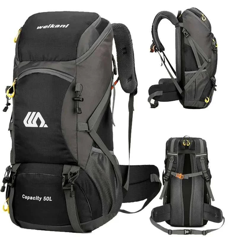 Waterproof outdoor travel backpack with large 50L capacity and independent shoe compartment for hiking and trekking