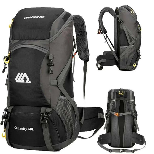 Waterproof outdoor travel backpack with large 50L capacity and independent shoe compartment for hiking and trekking