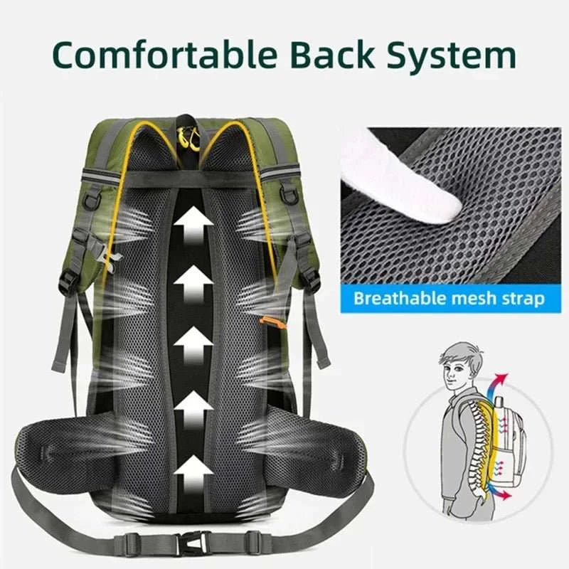 Waterproof outdoor travel backpack with large 50L capacity and shoe compartment for hiking and trekking